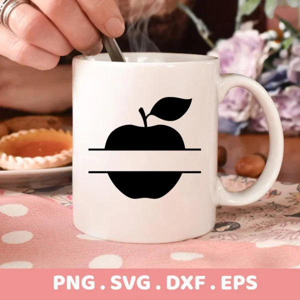 White mug with Apple Monogram SVG design, a digital file for Cricut, Silhouette, and other cutting machines.