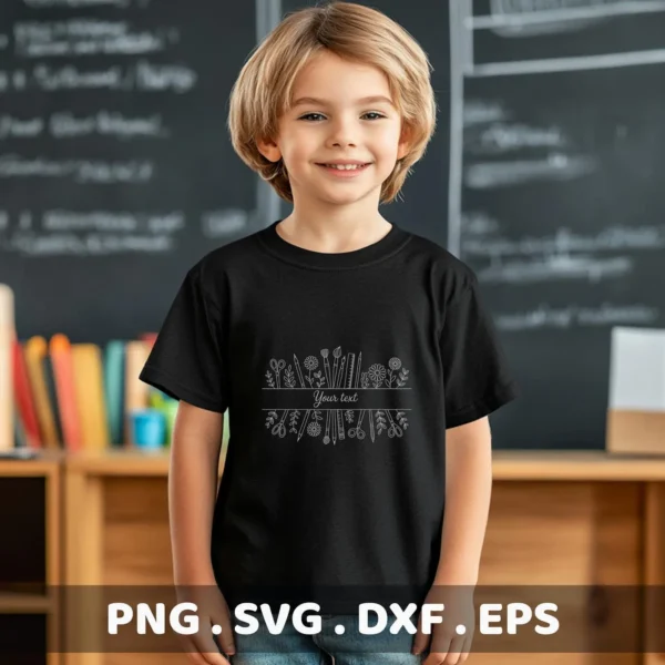 A young child models a black t-shirt featuring an "Art Supplies Split SVG" design, a digital download bundle (SVG, PNG) with art tools and floral elements arranged around customizable text.