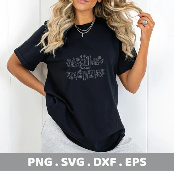 A woman models a black t-shirt featuring an Art Supplies Split SVG design, a digital download bundle including SVG and PNG files, showcasing crafting tools like scissors, paintbrushes, and pencils arranged around a customizable text area.