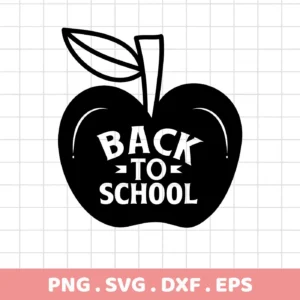 Black and white vector graphic of an apple with the words "Back To School" inside, representing a Back To School SVG digital download bundle (SVG, PNG).