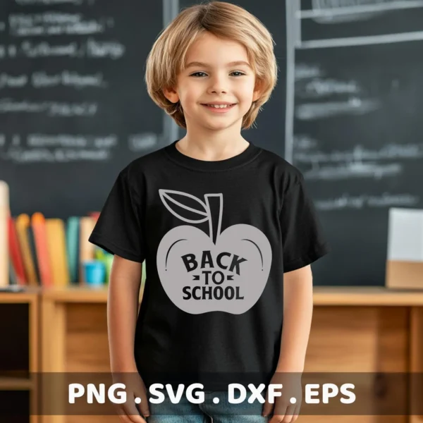 A young child smiles wearing a black t-shirt with a gray apple design containing the words "Back To School," representing a Back To School SVG digital download bundle (SVG, PNG).