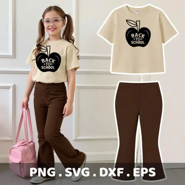 A young girl models a beige t-shirt with a black apple design that reads "Back To School," alongside a digital mockup of the shirt and matching brown pants, representing a Back To School SVG digital download bundle.