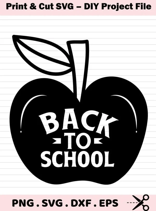 Black and white graphic of an apple with the words "Back To School" inside, representing a Back To School SVG digital download bundle (SVG, PNG).