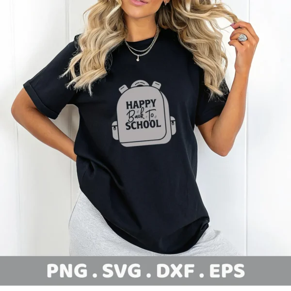 Woman wearing a black t-shirt with a gray backpack design and the words "Happy Back To School," representing a Backpack SVG for Cricut digital download bundle (SVG, PNG).