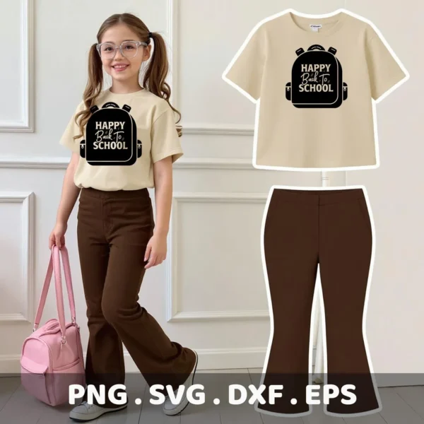 A young girl models a t-shirt with a "Happy Back To School" backpack design, showcased alongside a digital download bundle (SVG, PNG) for Cricut.