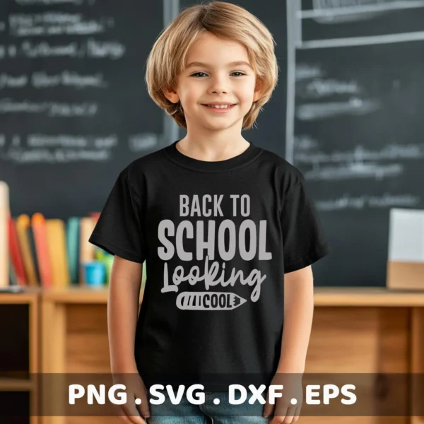 A young boy smiles wearing a black t-shirt with a "Back To School Looking Cool" design, showcasing a Back To School SVG digital download bundle (SVG, PNG).
