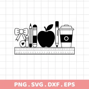Black and white line art depicting Teacher Supplies SVG Design elements including a bow, pencils, an apple, a marker, and a coffee cup, all resting on a ruler, offered as a digital download bundle (SVG, PNG).