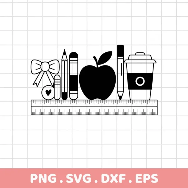 Black and white line art depicting Teacher Supplies SVG Design elements including a bow, pencils, an apple, a marker, and a coffee cup, all resting on a ruler, offered as a digital download bundle (SVG, PNG).