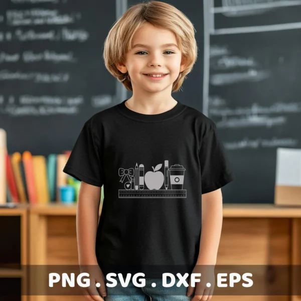 A young child smiles wearing a black t-shirt featuring a Teacher Supplies SVG Design of an apple, pencils, ruler, and coffee cup, representing a digital download bundle (SVG, PNG).