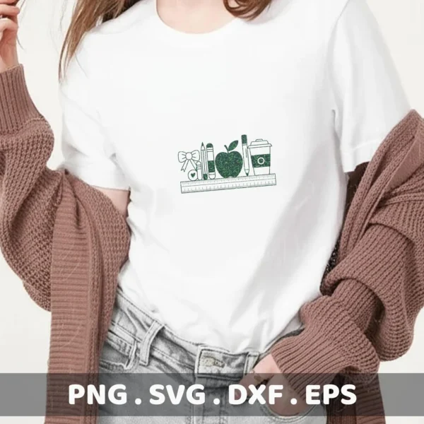 A woman wearing a white t-shirt with a "Teacher Supplies SVG Design" featuring a ruler, bow, book, pencil, apple, marker, and coffee cup graphic, representing a digital download bundle (SVG, PNG).