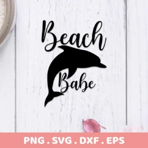 Black silhouette design featuring the words "Beach Babe" with a dolphin image, representing a digital download bundle including SVG and PNG files.