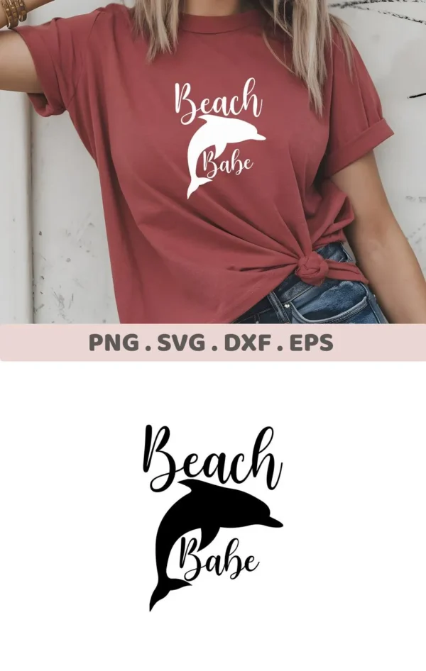 A woman models a t-shirt with a "Beach Babe" design featuring a dolphin graphic; this is a digital download bundle including SVG and PNG files.