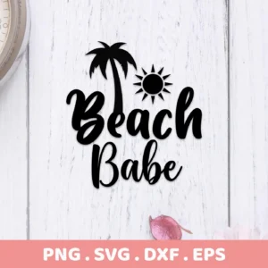 Black "Beach Babe" text with a palm tree and sun graphic, presented as a digital download bundle (SVG, PNG).