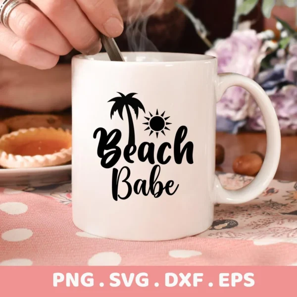 A white mug with the words "Beach Babe" in a stylized font, accompanied by a palm tree and sun graphic, representing a Beach Babe SVG design available as a digital download bundle (SVG, PNG, DXF, EPS).