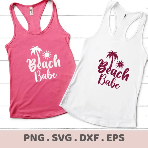 Two tank tops, one pink and one white, displaying a "Beach Babe" design with a palm tree and sun graphic, representing a digital download bundle in SVG and PNG formats.