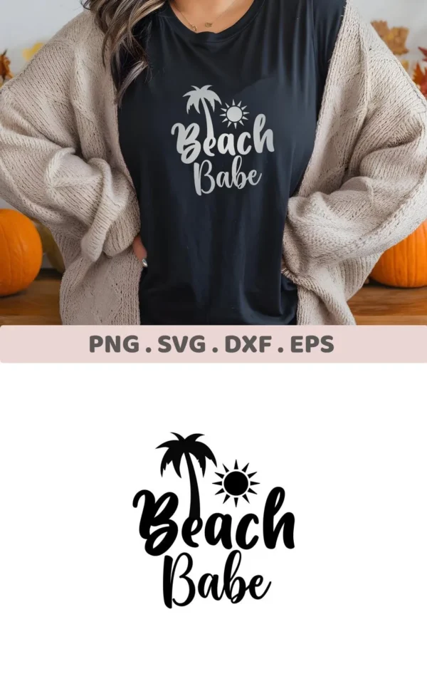 A woman wearing a black t-shirt with a "Beach Babe" SVG design featuring a palm tree and sun, showcasing a digital download bundle (SVG, PNG, DXF, EPS).