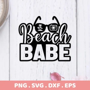 Beach Babe SVG Design" featuring stylized text with sunglasses reflecting palm trees and a camera, presented as a digital download bundle (SVG, PNG).