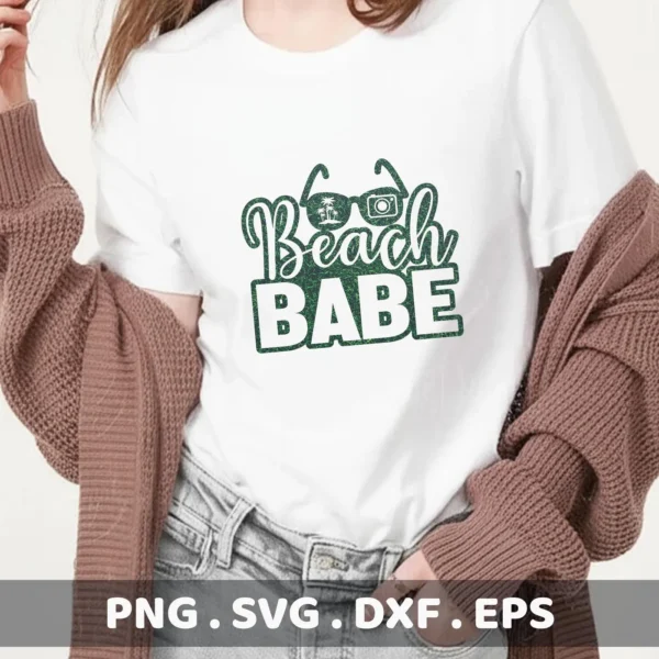 A woman wearing a white t-shirt with a "Beach Babe" SVG design featuring sunglasses, palm trees, and a camera, showcasing a digital download bundle.