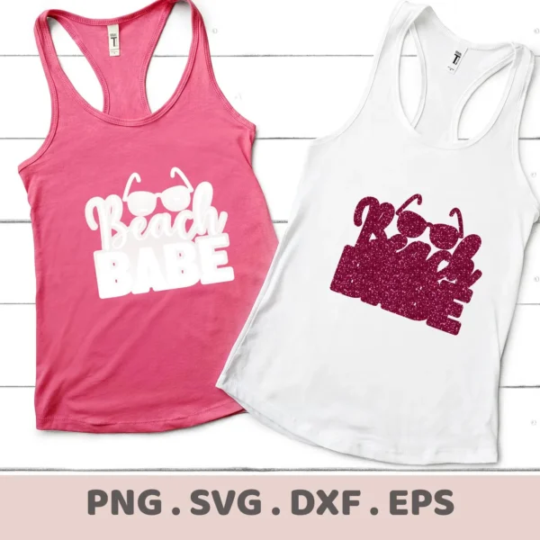 Two tank tops, one pink and one white, display the "Beach Babe" SVG design with sunglasses, representing a digital download bundle including SVG and PNG formats.