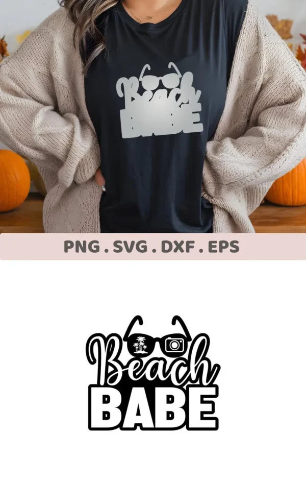 Beach Babe SVG Design" featuring sunglasses and palm trees, shown on a t-shirt, is part of a digital download bundle (SVG, PNG).