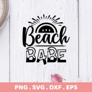 Black vector graphic of the words "Beach Babe" with a sun graphic above "Beach," a Beach Babe SVG Cricut Design digital download bundle (SVG, PNG).