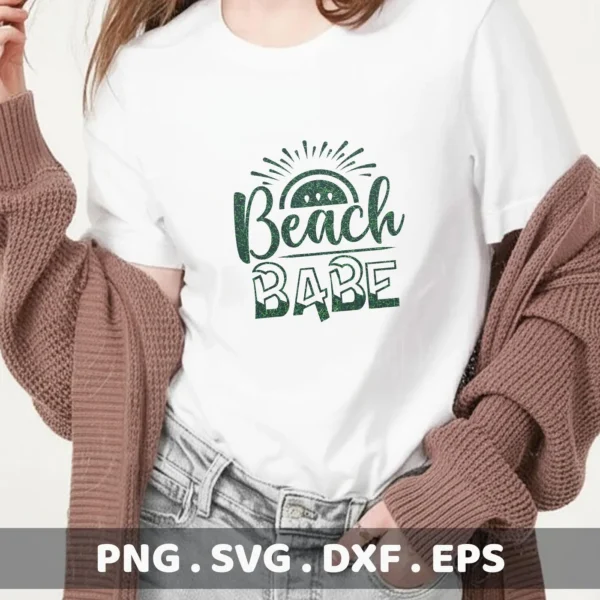 A woman wearing a white t-shirt with a "Beach Babe" design, showcasing a digital download bundle (SVG, PNG, DXF, EPS) for Cricut and other cutting machines.
