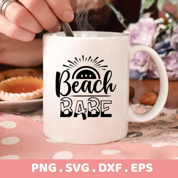 Close-up of a white mug with the text "Beach Babe" in a stylized font, representing a Beach Babe SVG Cricut Design digital download bundle (SVG, PNG).