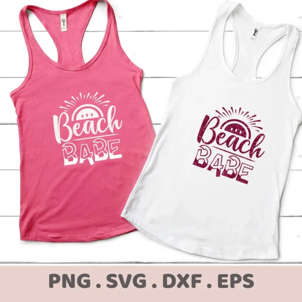 Two tank tops, one pink and one white, display the "Beach Babe" design, showcasing a digital download bundle (SVG, PNG) for Cricut and other cutting machines.