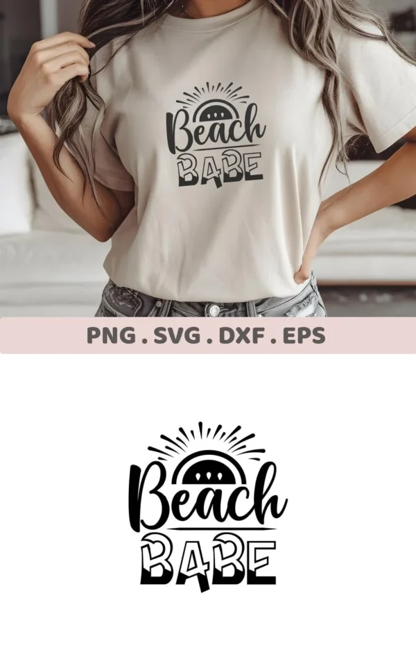 A woman models a t-shirt with a "Beach Babe" SVG Cricut design, available as a digital download bundle including SVG and PNG formats.