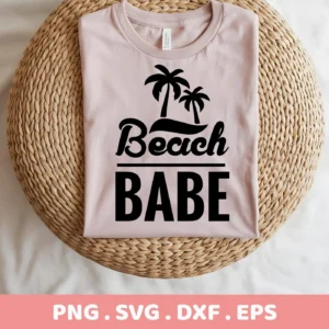 A folded light pink t-shirt with a "Beach Babe" SVG design featuring palm trees, presented as a digital download bundle (SVG, PNG, DXF, EPS).