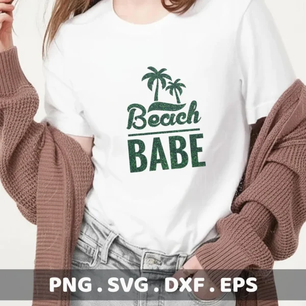 A woman models a white t-shirt with a "Beach Babe" SVG design featuring palm trees, indicating a digital download bundle including SVG and PNG files.