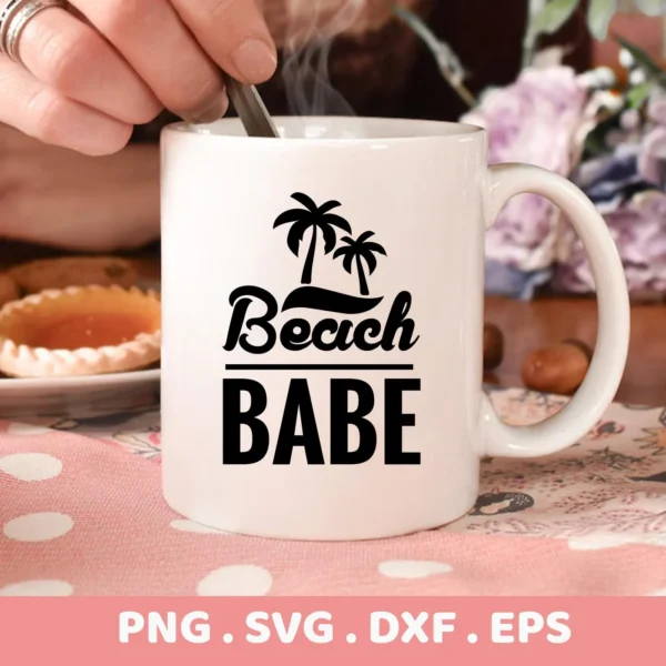 Close-up of a white mug with the text "Beach Babe" and palm trees above, showcasing a Beach Babe SVG design available as a digital download bundle (SVG, PNG, DXF, EPS).