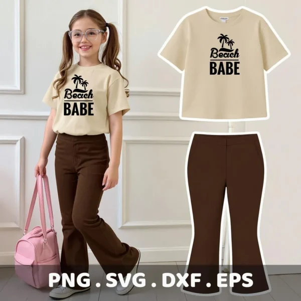 A young girl models a beige t-shirt with a "Beach Babe" design featuring palm trees, alongside a digital download bundle (SVG, PNG, DXF, EPS) showcasing the design on a t-shirt and pants.