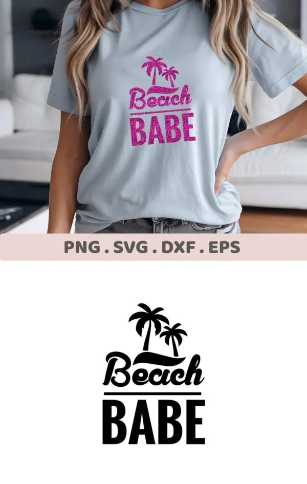 A woman models a t-shirt with a "Beach Babe" design featuring palm trees; this is a digital download bundle including SVG and PNG files.