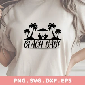 Close-up of a woman's torso wearing a t-shirt with a "Beach Babe SVG Design" featuring a silhouette of palm trees, people under an umbrella, and the words "Beach Babe"; this is a digital download bundle (SVG, PNG).