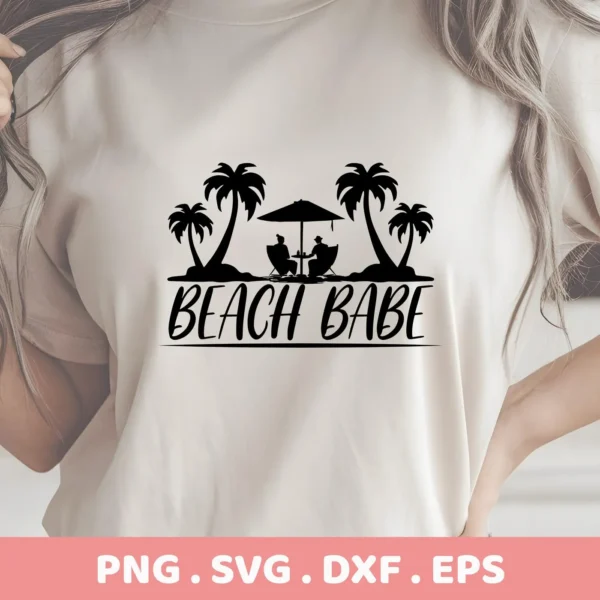 Close-up of a woman's torso wearing a t-shirt with a "Beach Babe SVG Design" featuring a silhouette of palm trees, people under an umbrella, and the words "Beach Babe"; this is a digital download bundle (SVG, PNG).