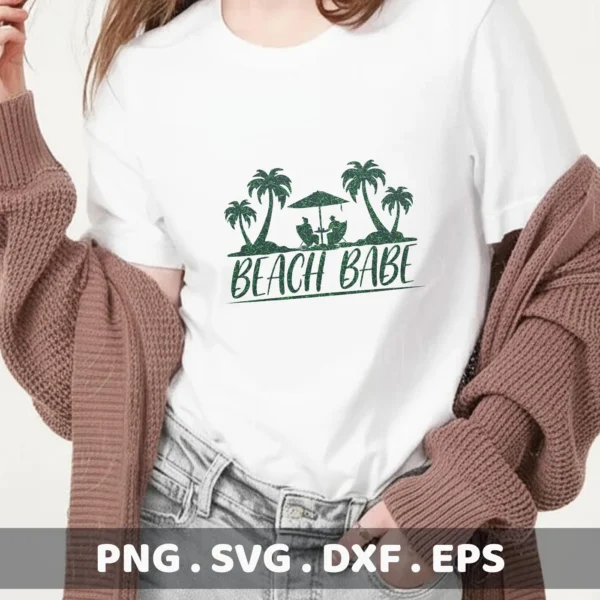 A woman models a white t-shirt featuring a "Beach Babe" SVG design with palm trees and a beach scene, indicating a digital download bundle.