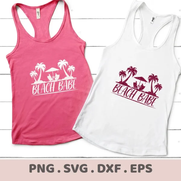 Two tank tops, one pink and one white, display a "Beach Babe" SVG design featuring palm trees and a beach scene; this is a digital download bundle including SVG and PNG files.