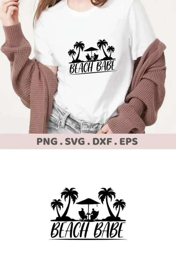 Beach Babe SVG Design" featuring palm trees and people under an umbrella, shown on a t-shirt, available as a digital download bundle (SVG, PNG).