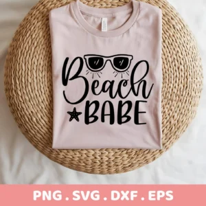 A light pink t-shirt with the text "Beach Babe" in black script, sunglasses above the word "Beach," and a starfish replacing the dot on the "i" in "Babe," displayed on a woven mat; digital download bundle (SVG, PNG).