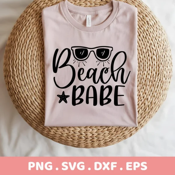 A light pink t-shirt with the text "Beach Babe" in black script, sunglasses above the word "Beach," and a starfish replacing the dot on the "i" in "Babe," displayed on a woven mat; digital download bundle (SVG, PNG).