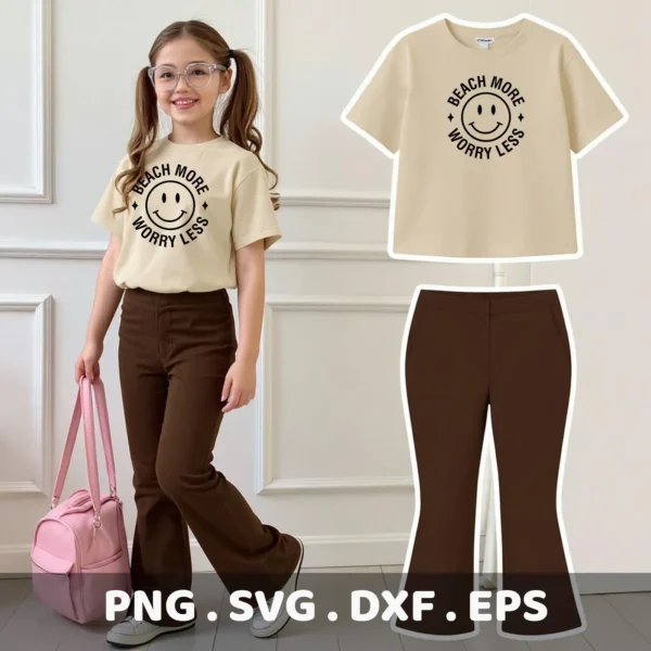 A young girl models a t-shirt with a "Beach More Worry Less" smiley face design, also shown as a digital download bundle (SVG, PNG) with matching pants.