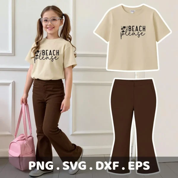 A young girl models a beige t-shirt with a "Beach Please" SVG design, also shown as a digital download bundle including SVG and PNG files, with a separate image of the shirt and pants.