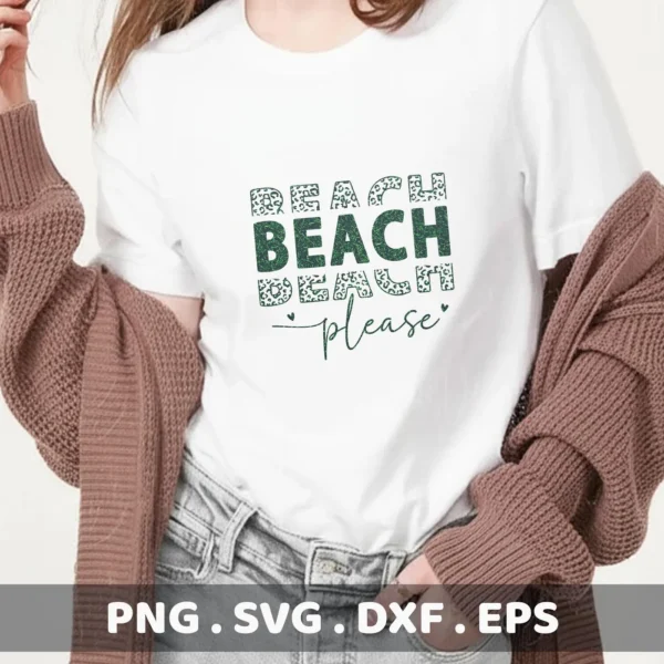 A woman models a white t-shirt with a "Leopard Beach Please SVG File" design, available as a digital download bundle including SVG and PNG formats.