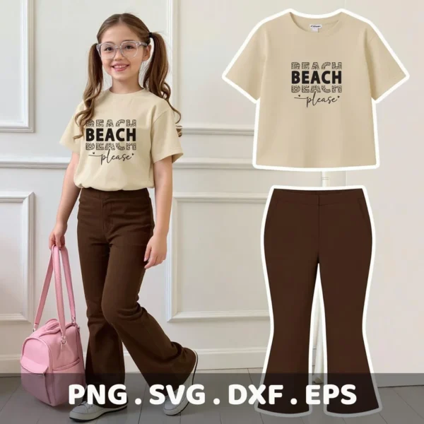 A young girl models a t-shirt with a "Beach Please" design, showcasing the Leopard Beach Please SVG file available as a digital download bundle in SVG and PNG formats.