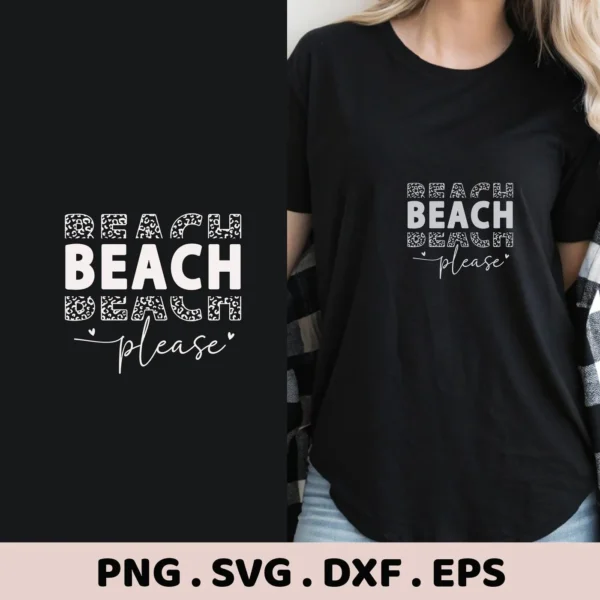 Image showcasing a "Leopard Beach Please SVG File" design on a black t-shirt, part of a digital download bundle including SVG and PNG formats.
