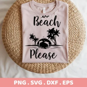 A folded light pink t-shirt with a black design featuring the words "Beach Please" above and below a silhouette of dolphins jumping in front of a sunset, flanked by palm trees, presented as a Dolphin Beach SVG Cricut Design digital download bundle (SVG, PNG).
