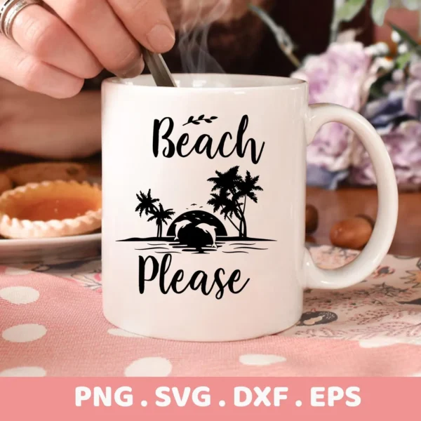 A white mug with the text "Beach Please" and a Dolphin Beach SVG Cricut Design featuring palm trees and a dolphin jumping out of the water, representing a summer vacation theme, available as a digital download bundle (SVG, PNG).
