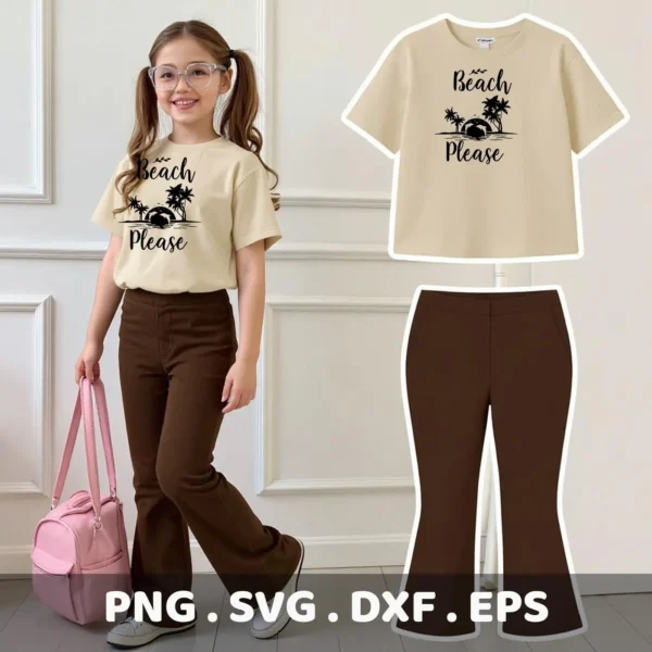 A young girl models a beige t-shirt with a "Beach Please" design featuring palm trees and a sunset, showcasing a digital download bundle (SVG, PNG) for Cricut and other cutting machines.