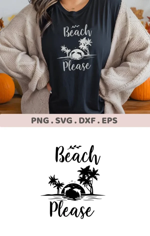 Beach Please" design featuring palm trees and dolphins, shown on a t-shirt, available as a Dolphin Beach SVG Cricut Design digital download bundle (SVG, PNG).